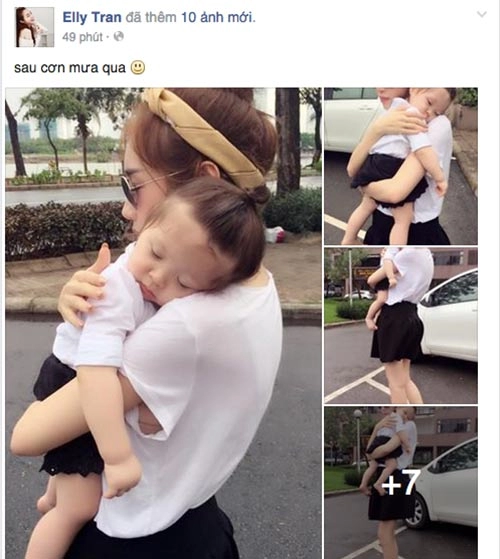 Cadie ngủ gật trên vai mẹ elly trần