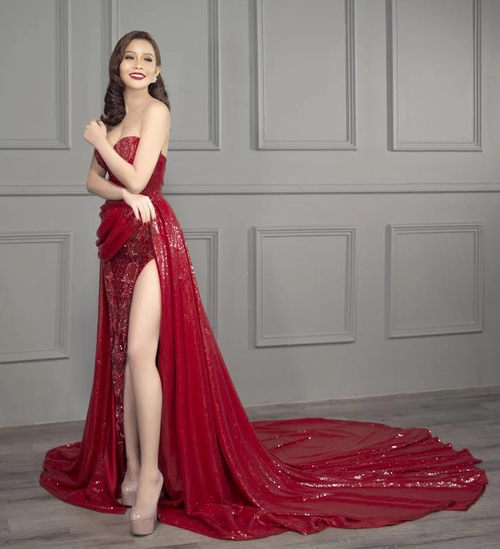 Hút mắt cùng hoa hậu hải dương lộng lẫy với đầm dạ hội đỏ rực